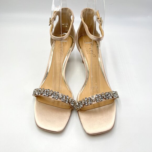 Jewel Badgley Mischka‎ Size 6.5 Champagne Satin Dress Sandals Kitten Heels Shoes - Picture 2 of 14